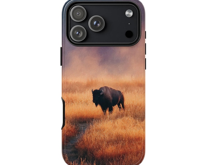 Lone Bison Gold Meadow Painting Phone Case: iPhone, Galaxy, Pixel - Lifetime Warranty