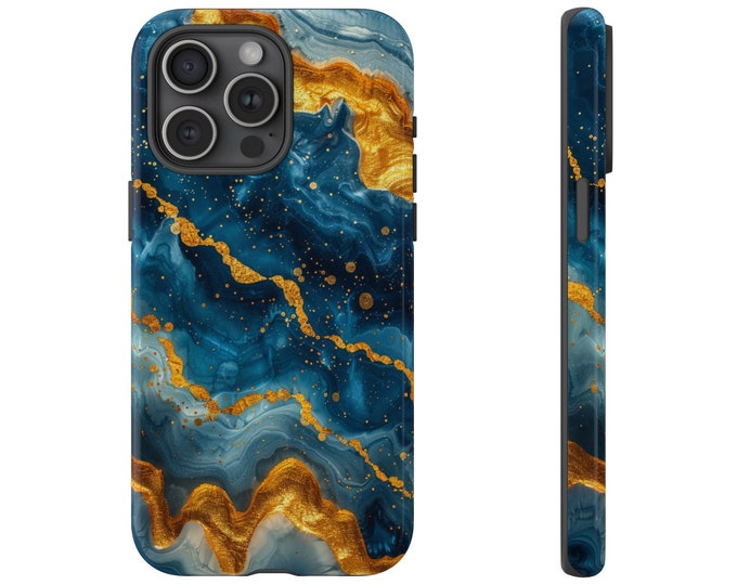 Teal Blue Liquid Gold Abstract Hydro Dip Phone Case: iPhone, Galaxy, Pixel - Lifetime Warranty