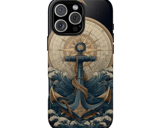 Navy Anchor Ocean Compass Sea Waves Phone Case: iPhone, Galaxy, Pixel - Lifetime Warranty
