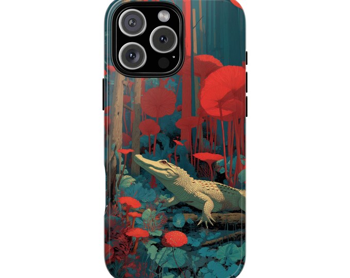 White Alligator Whimsical Marshland Teal Red Phone Case: iPhone, Galaxy, Pixel - MagSafe Compatible