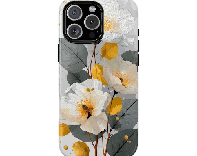 Floral Grace White Petals Gold Gray Flower Phone Case: Tough Cover for iPhone (MagSafe Compatible), Samsung Galaxy, Pixel