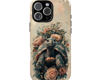 Vintage Style Tortoise Floral Turtle Phone Case for iPhone 17 Pro Max 16 15 14 13 12 11, Samsung Galaxy S25 S24 S23 S22, Pixel
