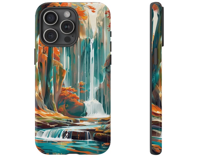 Orange Wilderness Waterfall Phone Case - Teal Forest Tree Creek Phone Cover - Outdoor Landscape Phone Case - iPhone, Pixel, Samsung Galaxy