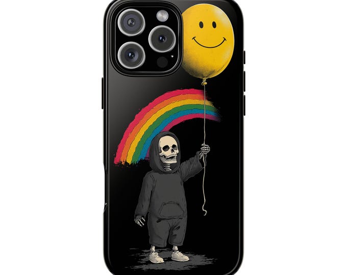 Skeleton Smiley Face Balloon Rainbow Phone Case: iPhone, Samsung Galaxy, Pixel - Lifetime Warranty