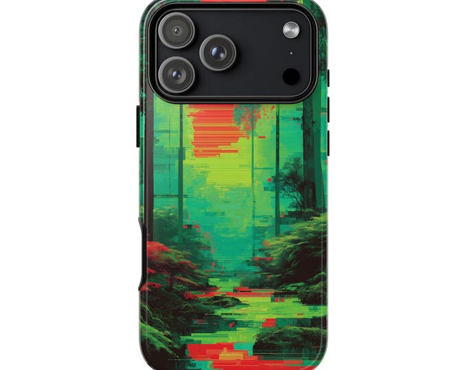 Neon Green Glitch Red Forest Phone Case: iPhone, Galaxy, Pixel - Lifetime Warranty