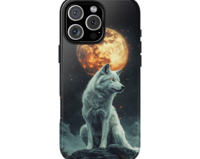 White Wolf Full Lunar Orange Moon Wolves Night Phone Case: iPhone, Galaxy, Pixel - Lifetime Warranty