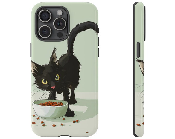 Cute Black Kitty Cat Eating Green Phone Case: iPhone, Galaxy, Pixel - Lifetime Warranty