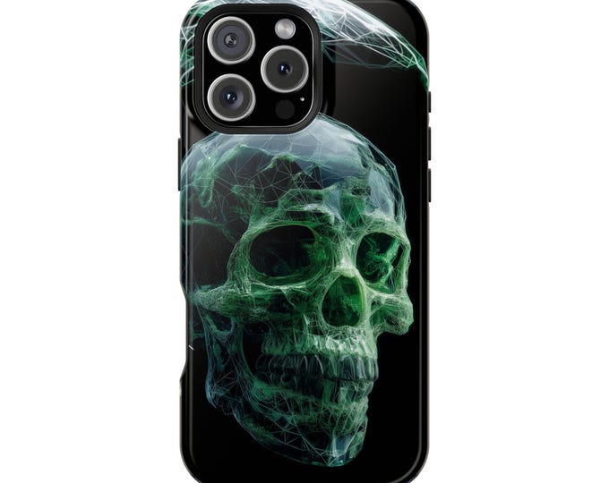 Green Skull Poly Wave Wireframe Art Phone Case: iPhone, Galaxy, Pixel - Lifetime Warranty