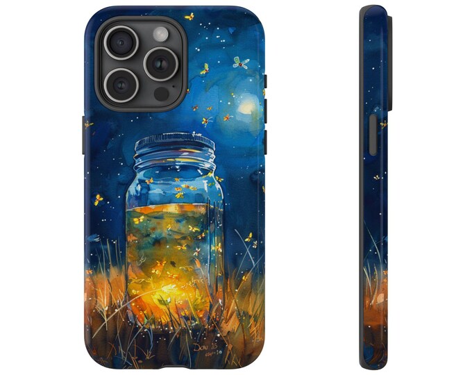 Watercolor Glow Fireflies Mason Jar Phone Case: iPhone, Galaxy, Pixel - Lifetime Warranty