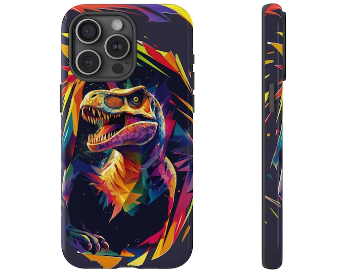 Tyrannosaurus Rex Case, T-Rex Dinosaur Cover, Abstract Shapes Colorful Retro Dino Design - Phone Case for Samsung Galaxy, iPhone, Pixel
