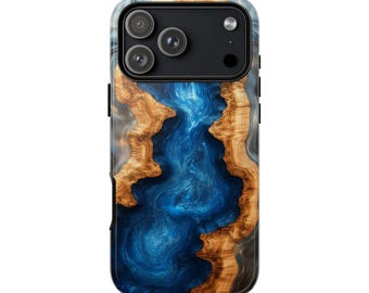 Blue Resin Faux Wood Grain Marble Phone Case | iPhone, Galaxy, Pixel | Shockproof Cover