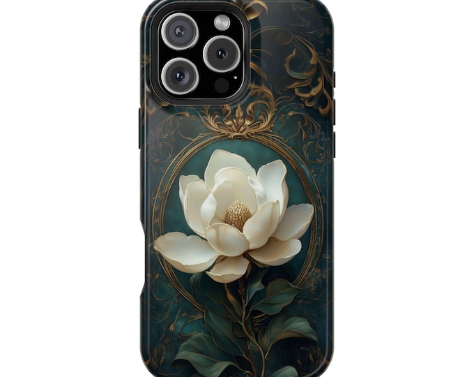 Magnolia Grandiflora Green Gold Frame Flower Phone Case: iPhone, Galaxy, Pixel - Lifetime Warranty