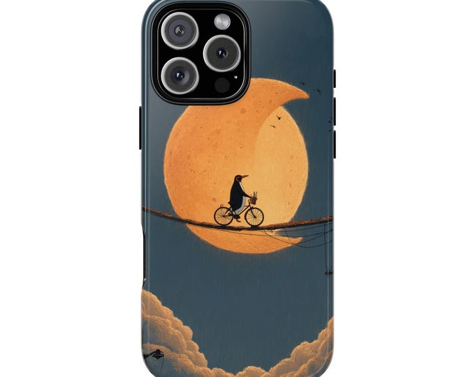 Penguin Bicycle Tightrope Night Moon Phone Case: iPhone, Galaxy, Pixel - Lifetime Warranty