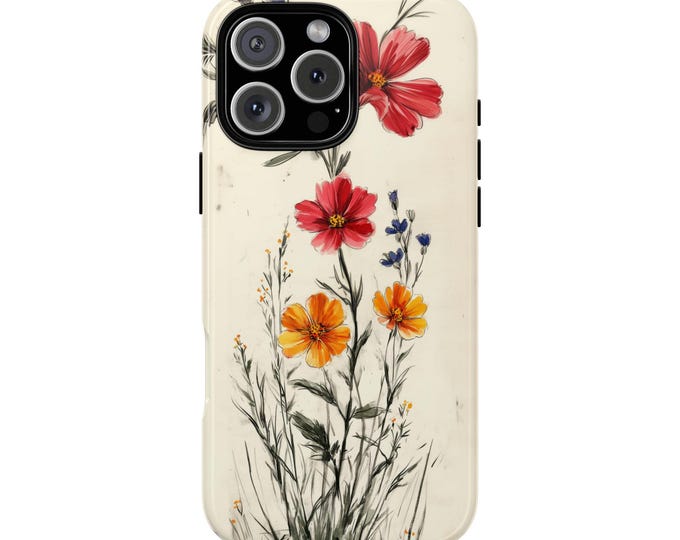 Wildflowers Blossom Red Gold Floral Ink Phone Case for iPhone | Samsung Galaxy | Google Pixel