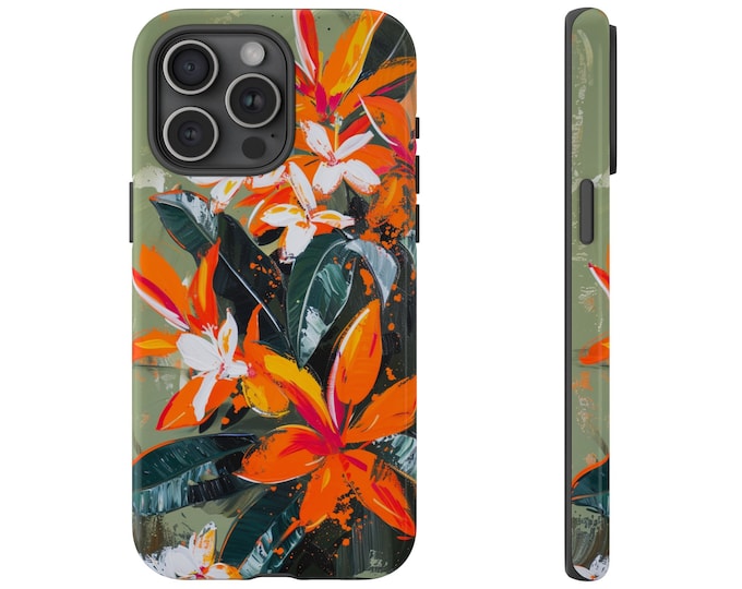 Orange Tropical Jungle Flowers Phone Case: iPhone, Galaxy, Pixel - Lifetime Warranty