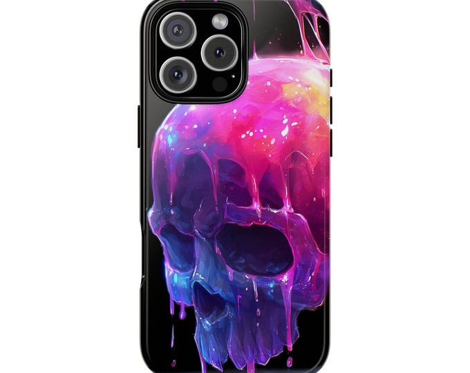 Melting Neon Skull Pink Purple Abstract Liquid Drip Phone Case: iPhone, Galaxy, Pixel - Lifetime Warranty