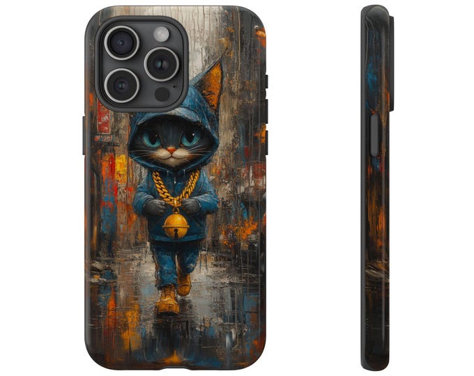 Cat Hoodie Jacket Case, Gold Bling Chain Kitty Cover, Gansta Fresh New York City Design - Phone Case for iPhone, Samsung Galaxy, Pixel