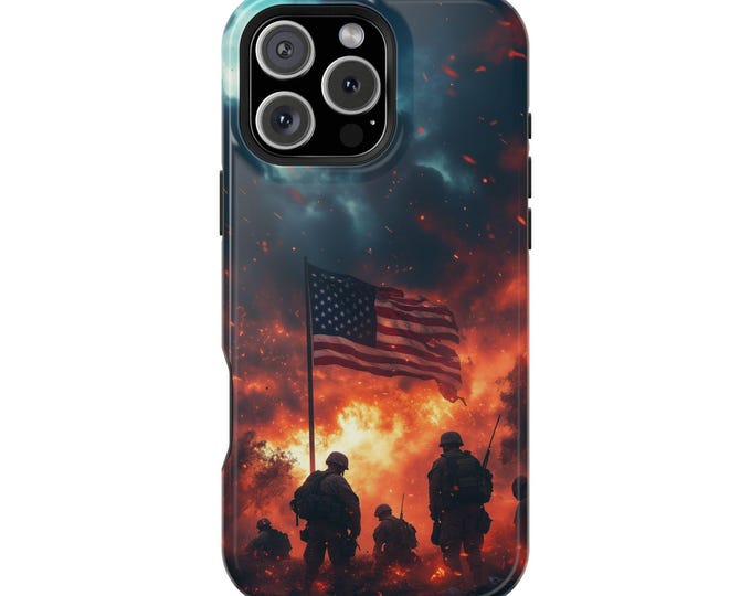 Soldiers American Flag Fiery Patriot Battle Phone Case: iPhone, Galaxy, Pixel - Lifetime Warranty
