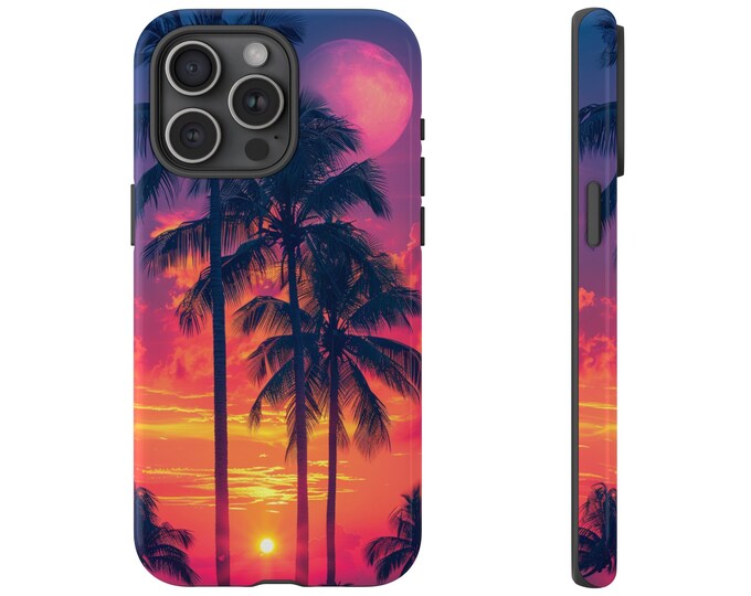 Neon Sky Sunset Palm Trees Full Moon Phone Case: iPhone, Galaxy, Pixel - Lifetime Warranty