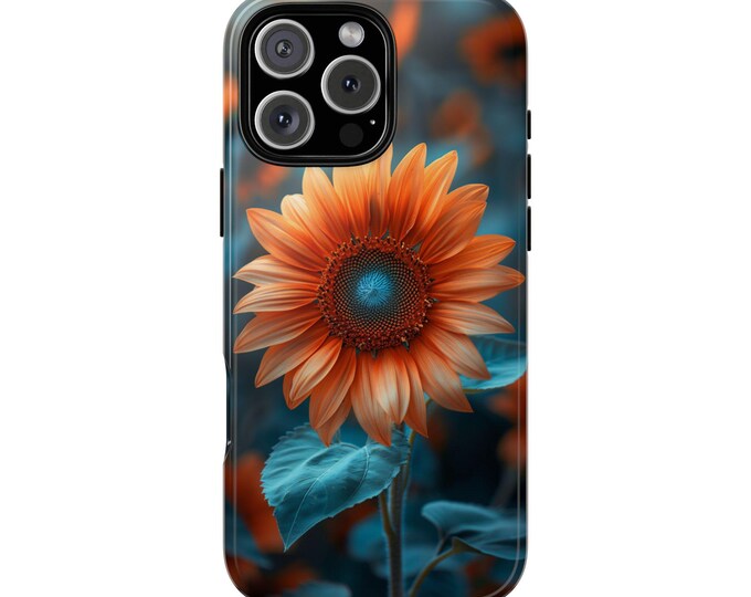 Orange Sunflower Teal Leaves Flower Phone Case: iPhone, Galaxy, Pixel - Lifetime Warranty