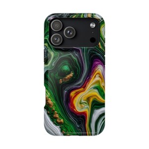 May include: A smartphone case featuring a fluid, marbled design with swirling patterns of deep forest green, vibrant yellow, bright purple, and white, accented by textured metallic gold droplets across the surface of the protective cover.
