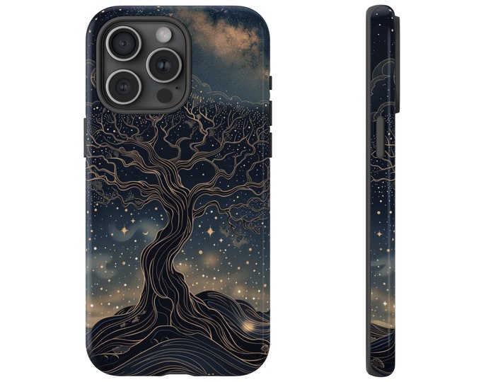 Phone Case for Galaxy, iPhone, Pixel | Whispering Woodlands Enchanted Tree of Life Flourishing Roots on Blue Gold | Dual Tough Phone Cover