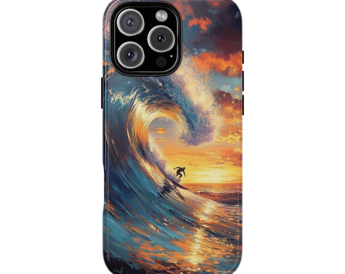 Ocean Wave Surfing Sunset Surf Illustration Phone Case: iPhone, Galaxy, Pixel - Lifetime Warranty