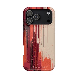May include: A smartphone case featuring a vertical abstract design with streaks of deep red, black, and coral orange against a cream background. The case has a black camera module cutout at the top and the text Phone-Ink printed at the bottom.