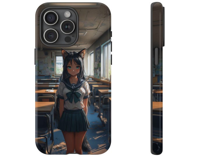 Cute Anime Schoolgirl Phone Case, Fox Ears Tail Girl Cover, Furry Cat School Design - Premium UV Print Slim Tough Cover Protector Case
