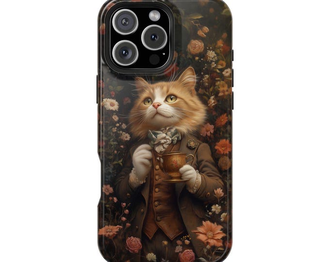 Cat Victorian Era Suit Sipping Tea Flowers Phone Case: iPhone, Galaxy, Pixel - Lifetime Warranty
