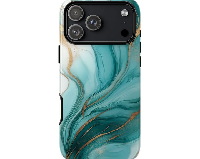 Teal Gold Marble Wave Aqua Phone Case: iPhone, Samsung Galaxy, Pixel - MagSafe Compatible