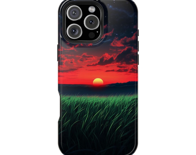 Green Grass Field Orange Sunset Clouds Phone Case: iPhone, Galaxy, Pixel - Lifetime Warranty