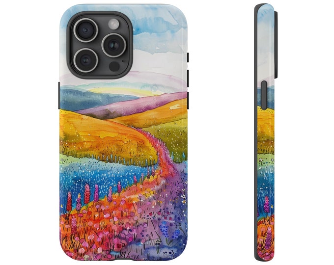 Phone Case for Galaxy, iPhone, Pixel | Rainbow Meadows Flower Field Floral Blooms Watercolor Hues Blue Sky | Dual Tough Cover