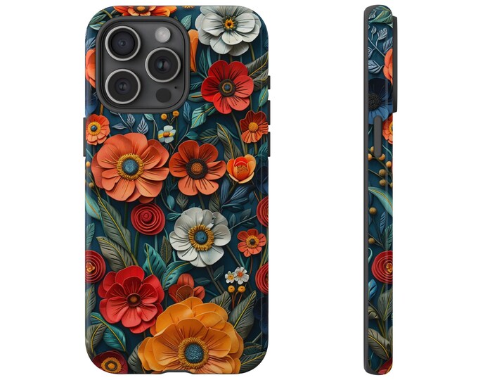 Orange Wildflowers on Teal Floral Pattern Phone Case: iPhone, Galaxy, Pixel - Lifetime Warranty