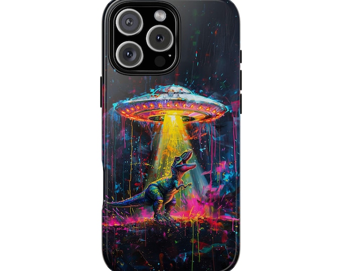 Dinosaur UFO Spaceship Abduction Phone Case: iPhone, Galaxy, Pixel - Lifetime Warranty