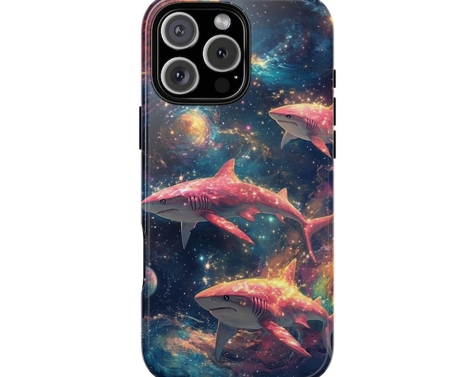 Neon Sharks Space Ocean Nebula Planets Phone Case: iPhone, Galaxy, Pixel - Lifetime Warranty