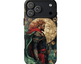 May include: A phone case featuring a detailed illustration of a warrior with red hair and a red cape. The warrior is set against a backdrop of a stained-glass window design. The case has a black border and a glossy finish.