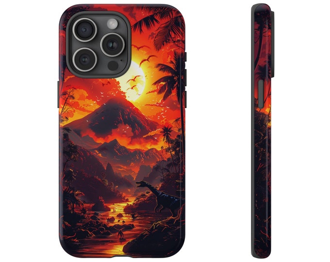 Jurassic Volcano Eruption Sunset Dinosaurs Phone Case: iPhone, Galaxy, Pixel - Lifetime Warranty