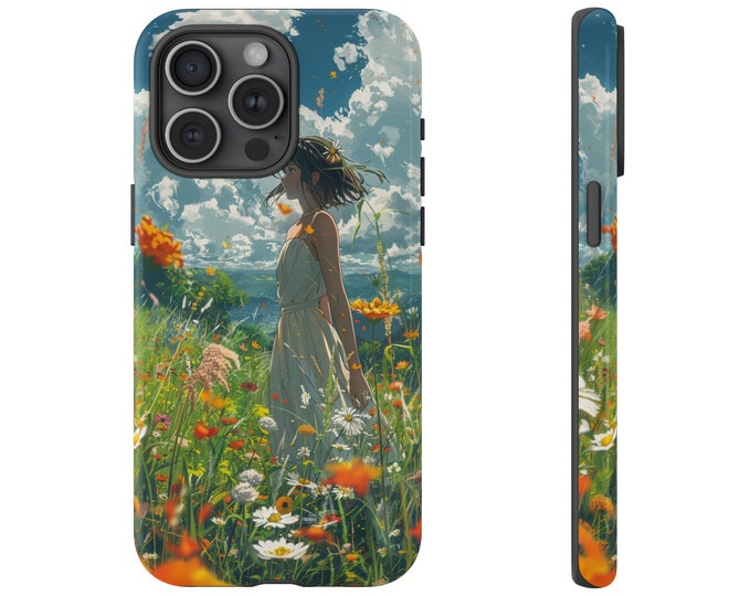Cute Anime Girl in Grass Field Meadow Blue Sky Phone Case: iPhone, Galaxy, Pixel - Lifetime Warranty