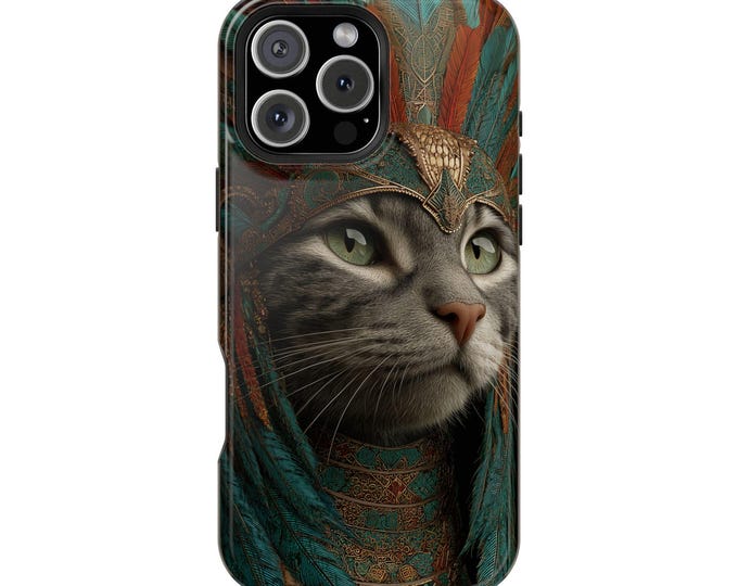 Aztec Cat King Turquoise Feathers Phone Case: iPhone, Galaxy, Pixel - Lifetime Warranty