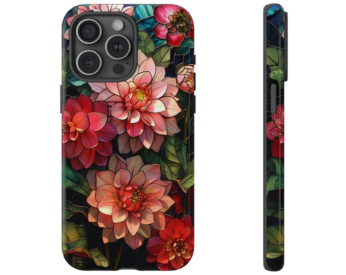 Pink Dahlia Flowers Stained Glass Floral Phone Case: iPhone, Galaxy, Pixel - Lifetime Warranty