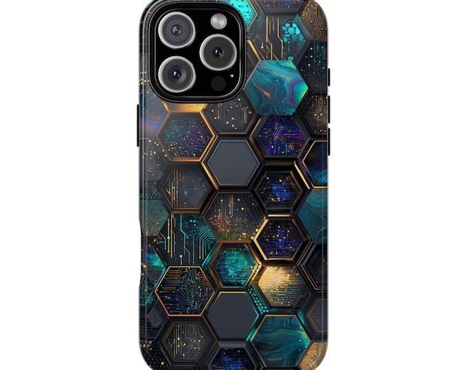 Hexagons Iridescent Dark Purple Teal Armor Phone Case: iPhone, Galaxy, Pixel - Lifetime Warranty