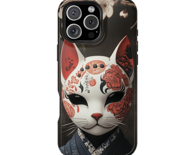 Japanese Cat Kabuki Mask White Floral Phone Case: iPhone, Galaxy, Pixel - Lifetime Warranty