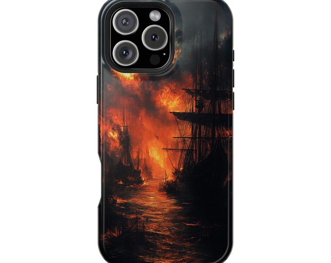 Dark Sail Ship Fiery Sunset Painting Phone Case: iPhone, Galaxy, Pixel - Lifetime Warranty