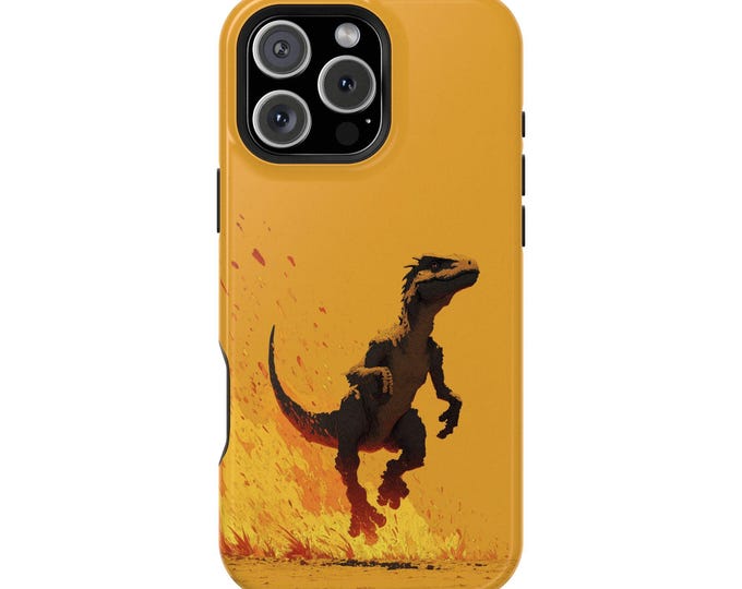 Raptor Dinosaur Yellow Flames Phone Case: iPhone, Galaxy, Pixel - Lifetime Warranty