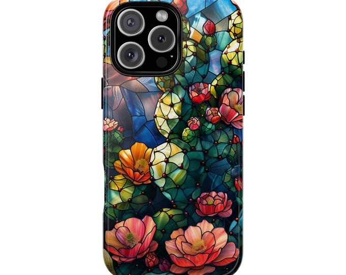 Stained Glass Cactus Phone Case, Desert Flower Plant Phone Case: iPhone, Galaxy, Pixel - Lifetime Warranty