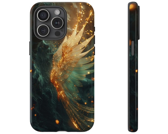 Celestial Heaven Angel Golden Wings Teal Phone Case: iPhone, Galaxy, Pixel - Lifetime Warranty