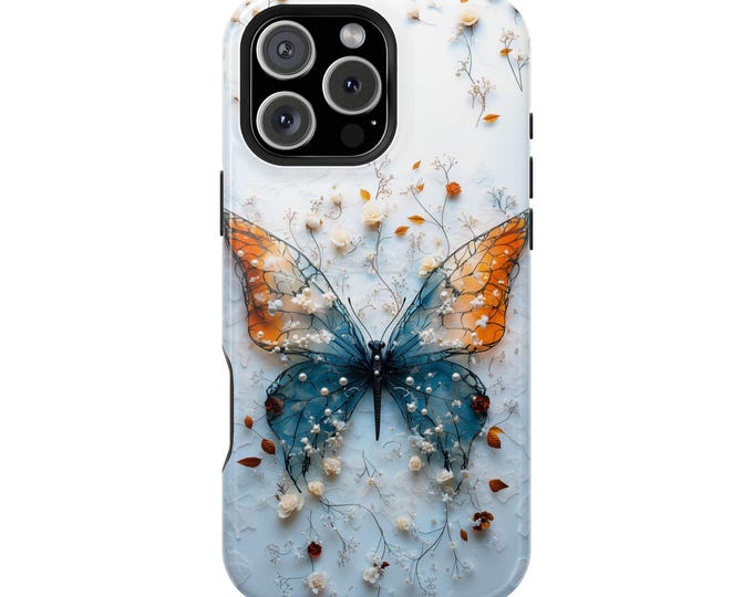 Butterfly Teal Orange Wings Floral Phone Case: iPhone, Galaxy, Pixel - Lifetime Warranty