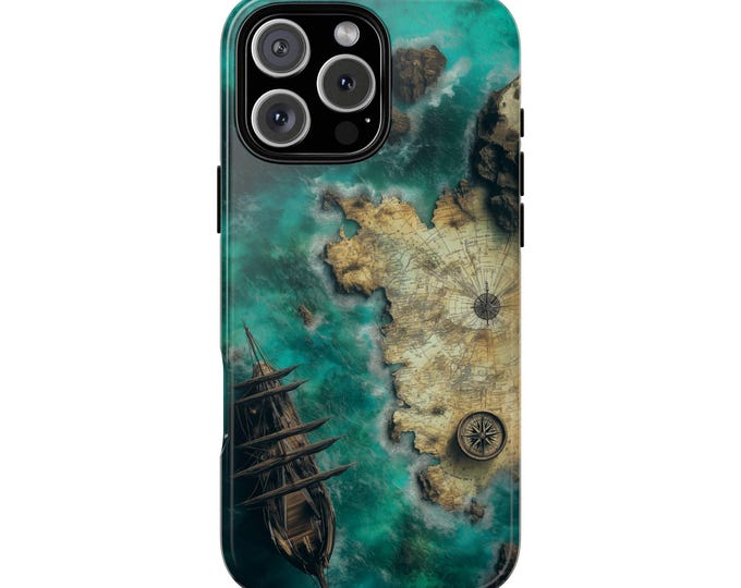 Pirate Ship Island World Compass Ocean Map Phone Case: iPhone, Galaxy, Pixel - Lifetime Warranty