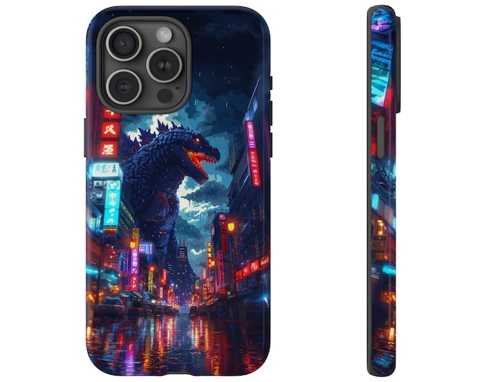 Kaiju Dinosaur Night City Dino Pixel Art Phone Case: iPhone, Galaxy, Pixel - Lifetime Warranty